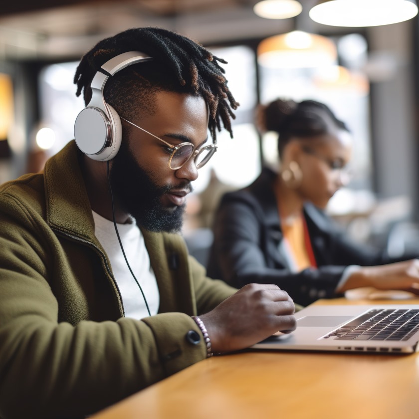 African American man browsing laptop and listening to music while sitting in coffee store. Generated with AI.
